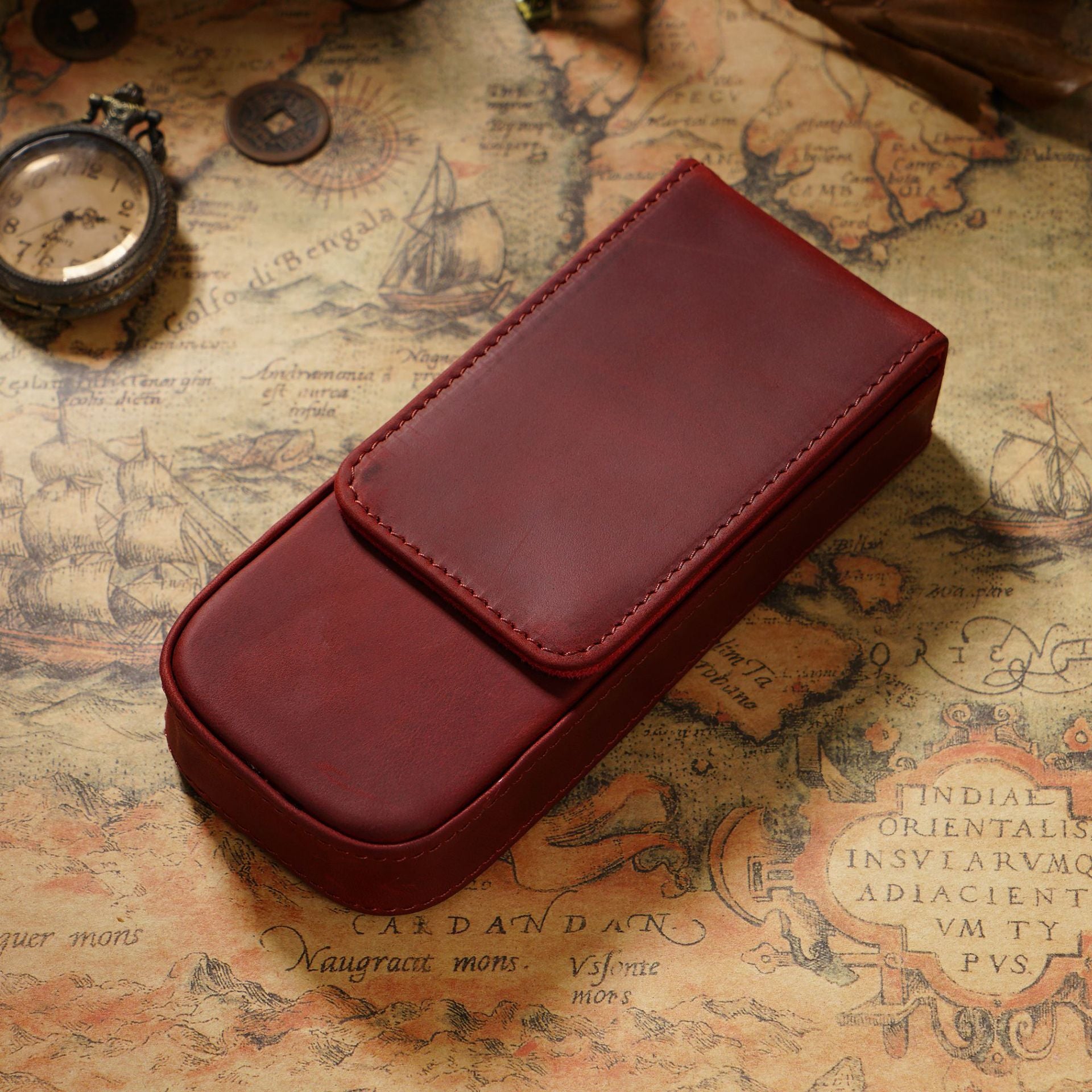 Wholesale Crazy Horse Leather 3-Pack Handmade Magnetic Drawer Pen Bag